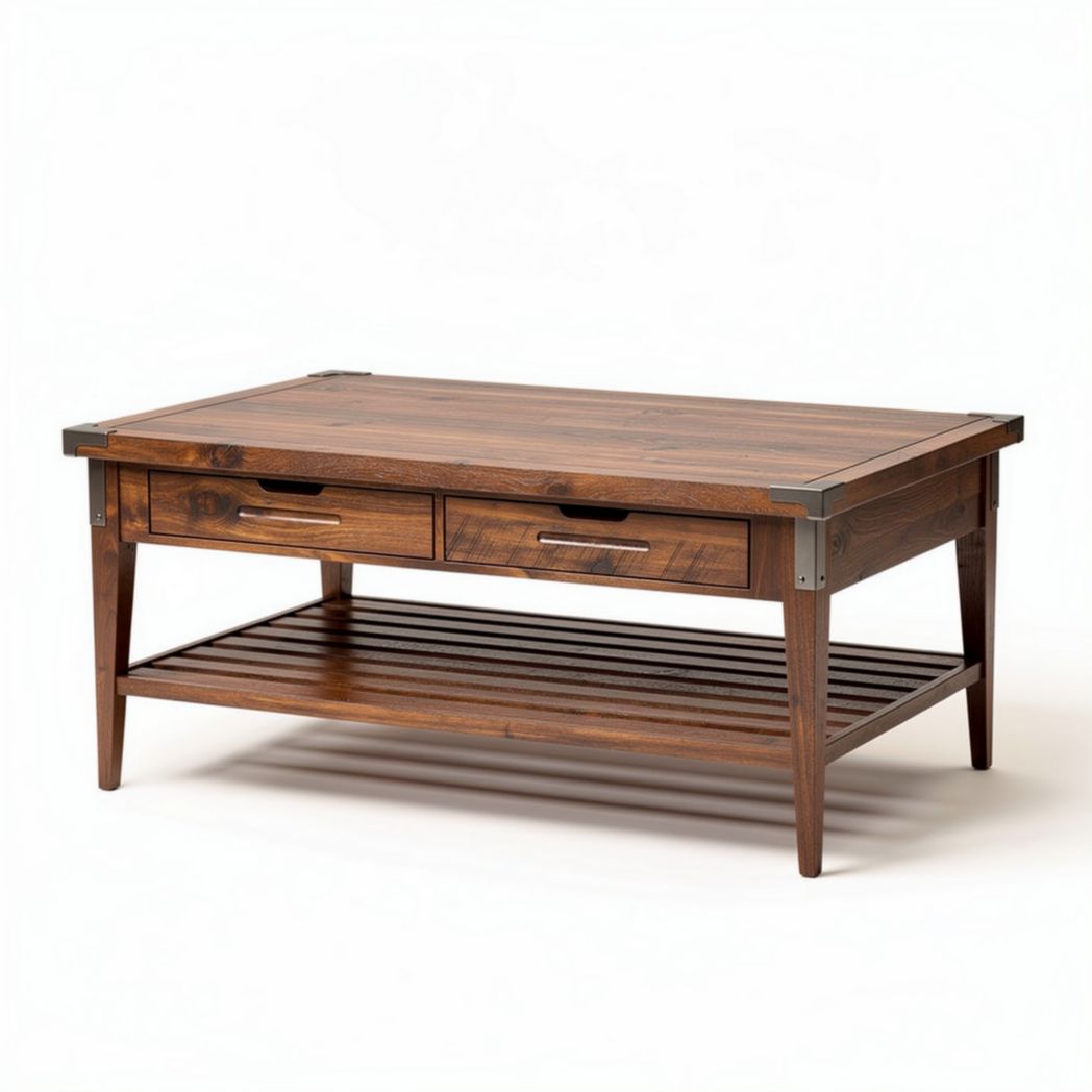 Table basse en bois d'acacia avec tiroirs et étagère 120 x 60 x 45cm