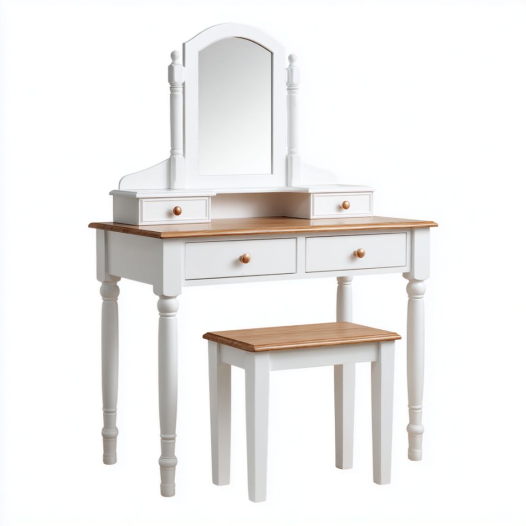 Coiffeuse en bois clair avec miroir ovale et tabouret rembourré 80 x 40 x 140cm