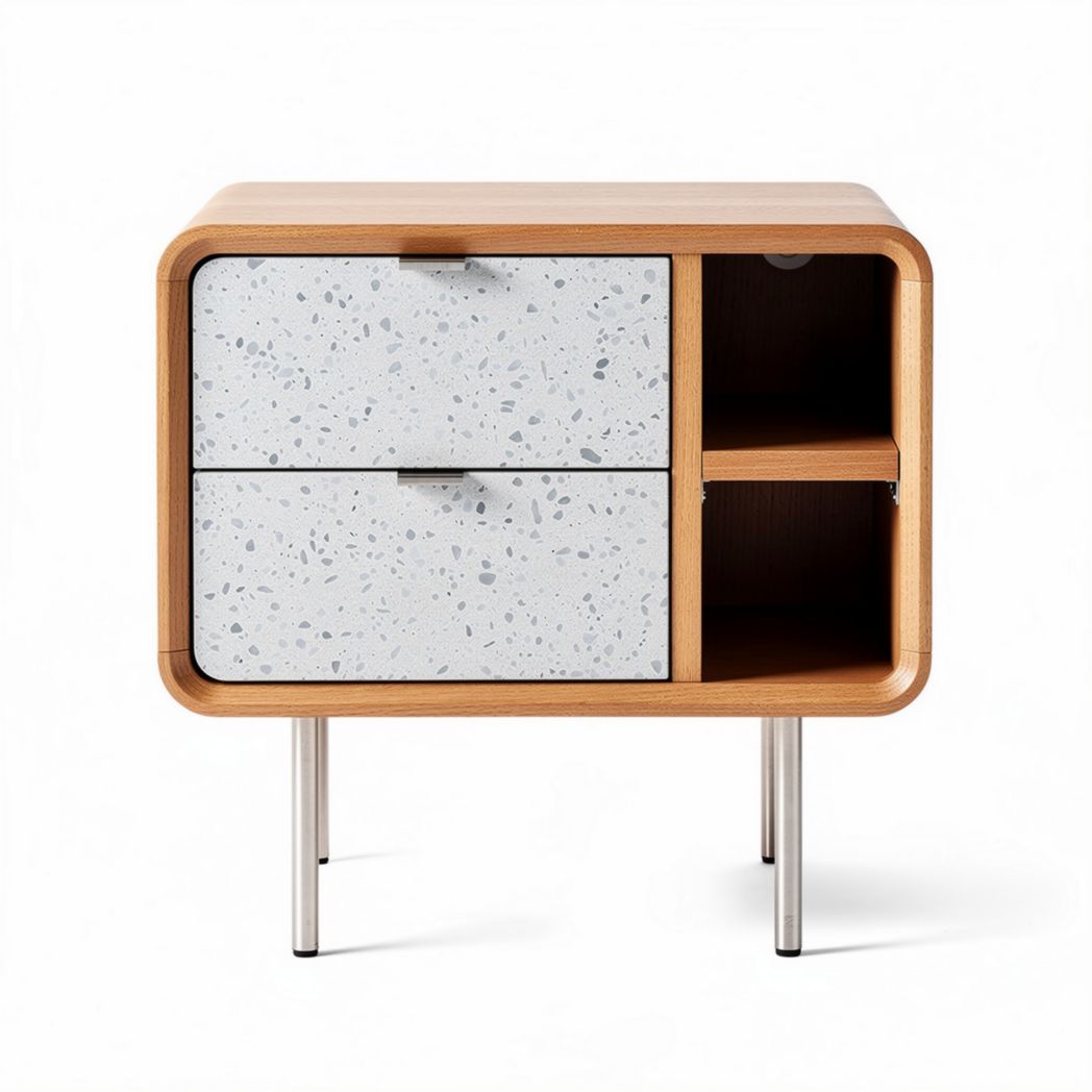 Meuble de rangement à deux tiroirs et étagère en bois et béton 60 x 40 x 50cm