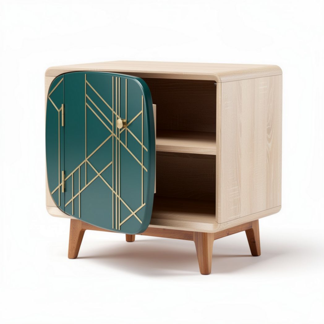Meuble de rangement en bois avec porte verte et rayures dorées 60 x 40 x 50cm