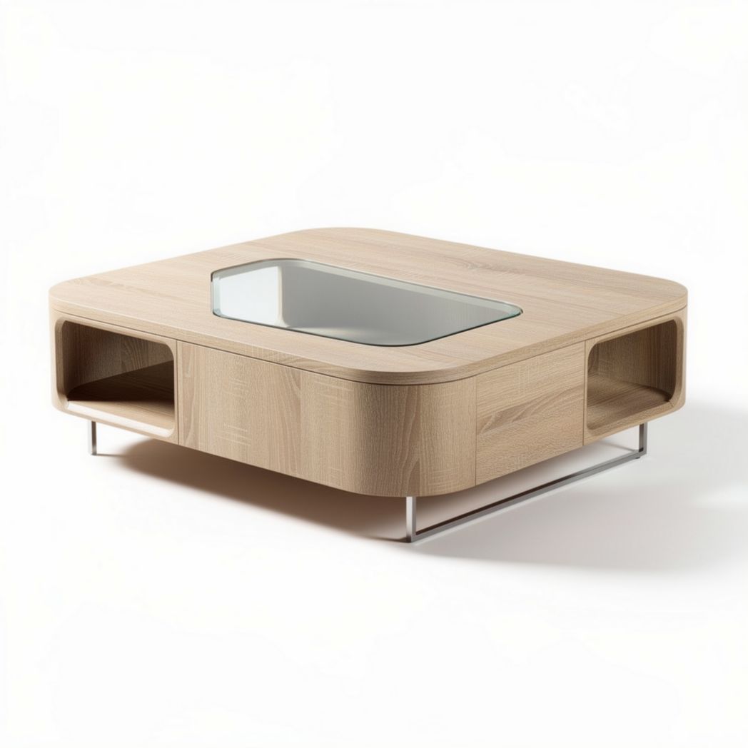 Table basse en bois de chêne avec plateau en verre 100 x 70 x 30 cm