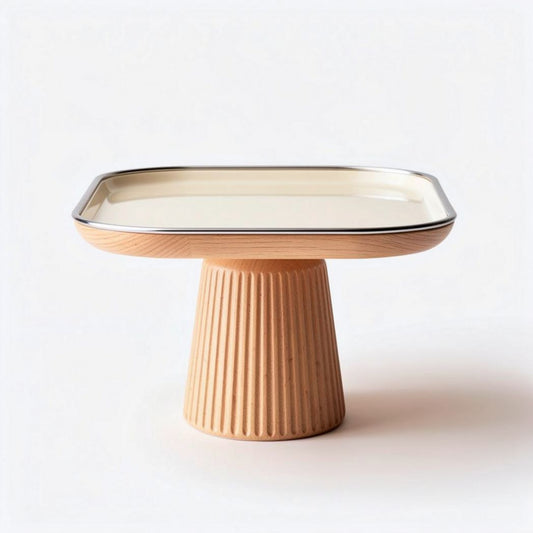 Plat de service en bois et céramique couleur crème taille 20 x 20 x 10cm